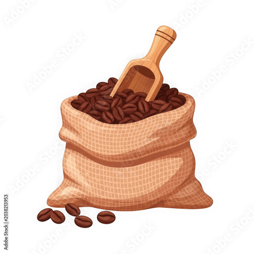 A burlap sack of coffee beans with a scoop