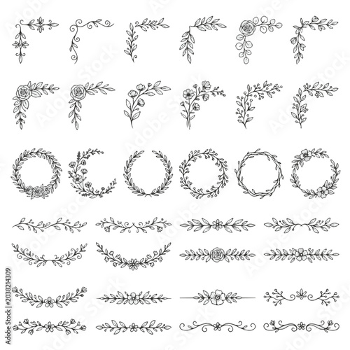 Hand Drawn Floral Border Elements and Corner Accents for Design
