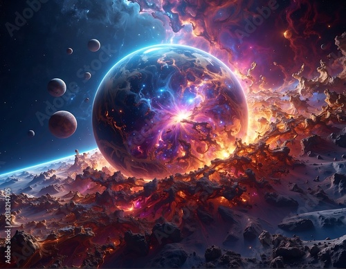 Vibrant Planet Explosion in Space Galaxy.