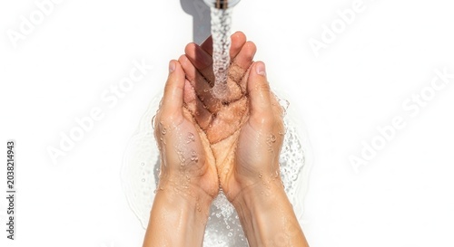 Hands cupped under running faucet water.