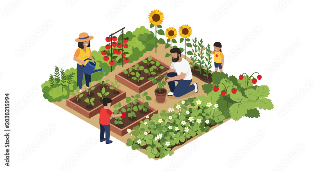 Naklejka premium Community Gardeners Cultivating Fresh Produce and Sunflowers in a Vibrant Urban Farm Setting.