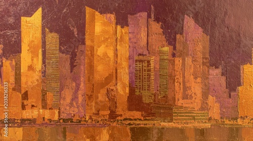 Abstract cityscape illustration showcasing buildings reflections and textured artistry