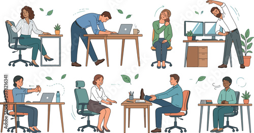 Office Worker Illustration Featuring Workplace and Productivity Scenes in Vector Artwork