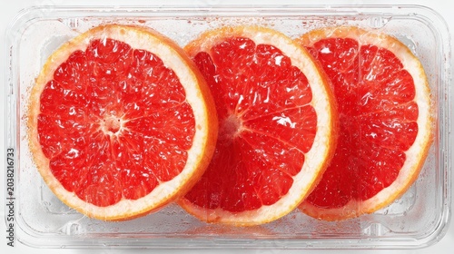 Fresh-Cut Fruit Three fresh red grapefruit slices displayed on a clear plastic tray.