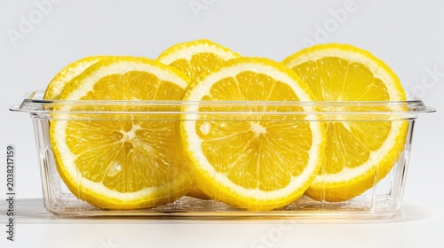 Fresh-Cut Fruit Sliced lemons arranged inside a clear plastic container on a white background.