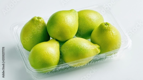 Fresh-Cut Fruit Plastic container holding six fresh green pears on a white surface.