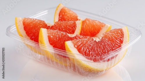 Fresh-Cut Fruit Sliced grapefruit neatly arranged in a clear plastic container on a reflective surface.