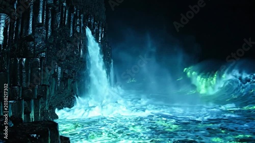 Ethereal Blue Waterfall in Dark Cave with Crashing Ocean Waves, Fantasy Landscape