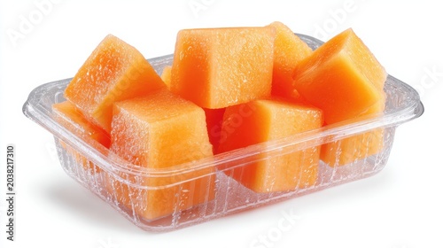 Fresh-Cut Fruit Cubed cantaloupe melon pieces displayed in a clear plastic container on a white background.