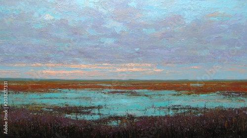 Abstract landscape painting with serene sky and tranquil water reflection