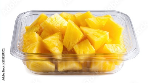 Fresh-Cut Fruit Freshly cut pineapple chunks neatly packed in a clear plastic container.