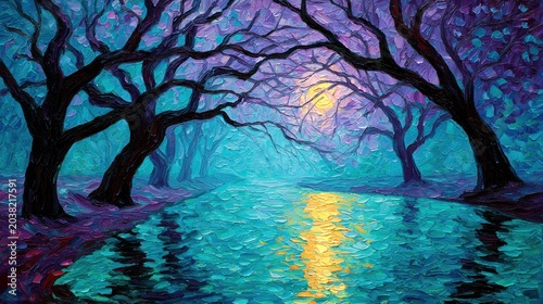 Mystical forest pathway illuminated by glowing light at dusk