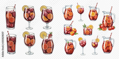 Foto Set of refreshing sangria drinks in various glasses and pitchers, garnished with fresh fruit slices and ice cubes, perfect for summer celebrations