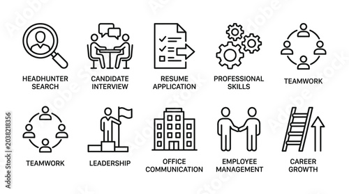Foto Set of icons representing job search and career development concepts