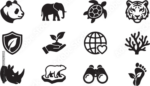 Fotografía Black icons of endangered species and earth.