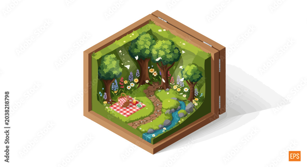 Obraz premium Isometric Forest Picnic Scene in a Wooden Box.