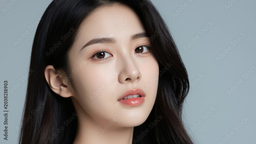 Fototapeta premium Close-up of a Young Korean Woman with Long Black Hair: A striking portrait of a young Korean woman, her long, dark hair cascading around her shoulders, with expressive eyes and a soft gaze.