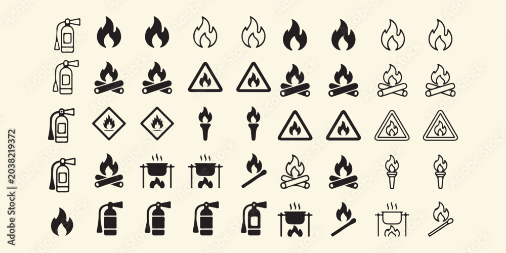 Naklejka premium Fire icons and symbols for safety and warning signs various flaming objects