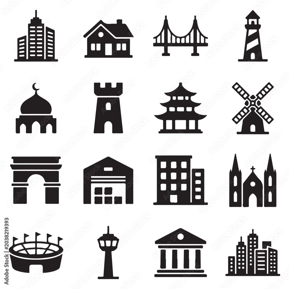 Fototapeta premium Architecture landmark vector silhouette icon pack featuring iconic buildings bridges and historical structures