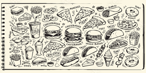 Fast food menu items illustrations including burgers fries pizza tacos and donuts on paper