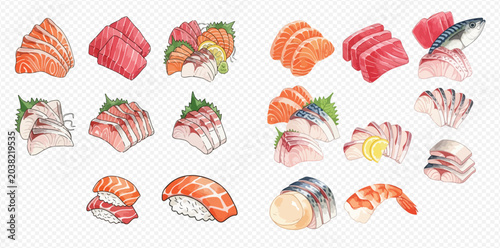 Fotografía Watercolor illustration of various fresh sashimi and sushi pieces, including salmon, tuna, and other seafood, on a transparent background
