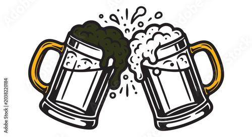 Tableau sur toile Two beer mugs clinking with overflowing foam black and white vector illustration
