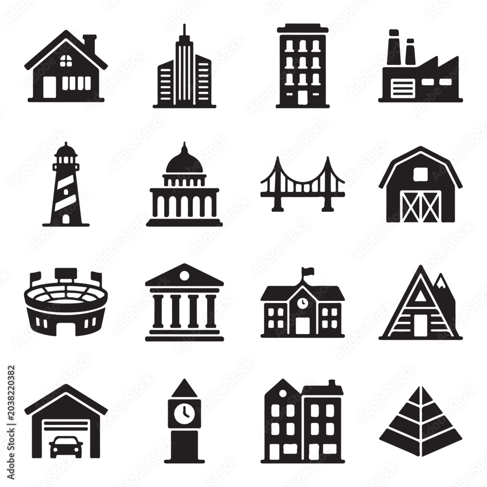 Fototapeta premium Vector real estate architecture buildings residential commercial industrial landmarks icon pack