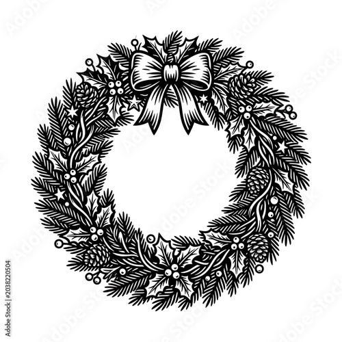 Elegant black and white christmas wreath illustration for festive design