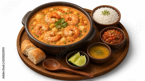 Premium 3d isometric illustration of Peruvian chupe de camarones, authentic shrimp chowder isolated presentation asset for seafood menus