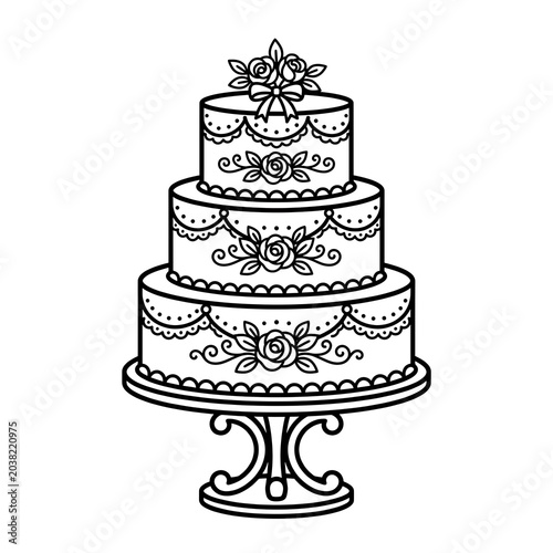 Elegant three tiered cake illustration on stand isolated white background