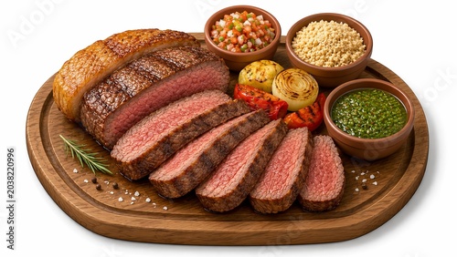 Modern isometric 3d render of grilled picanha steak, premium Brazilian beef cuts on wooden board isolated illustration for luxury steakhouse