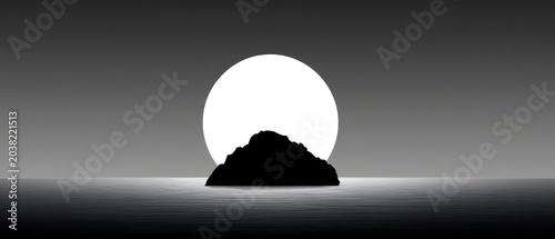 Minimalist black and white silhouette of mountain island under glowing full moon night sky
