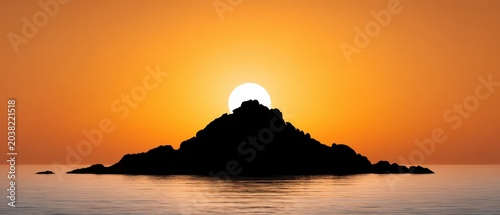 Stunning silhouette of tropical island mountain at sunset golden hour over calm ocean waters landscape photography art print