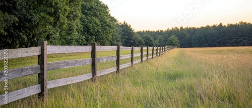 Rustic wooden fence dividing lush meadow and forest landscape at sunset scenic view of wooden fence in grassy field during tranquil summer sunset