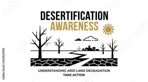 Fotografie Desertification Awareness Vector Illustration: Arid Land Degradation, Take Actio