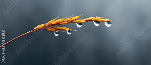 Macro photography golden wheat stalk with crystal clear water droplets after rainfall close up nature background concept
