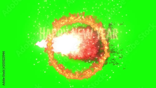 Dynamic fiery ring explosion effect with bright white light burst and sparkling particles captured with a green screen background perfect for celebratory or action
