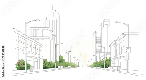 Urban street sketch with modern buildings and green foliage.