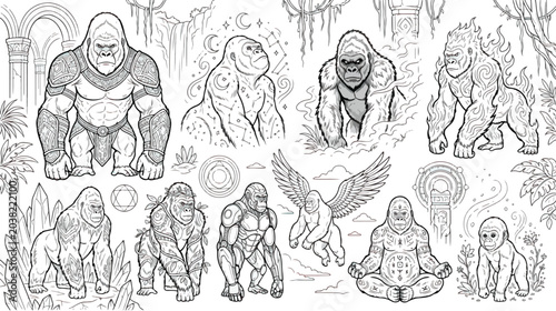 Fotografie Mythical gorilla coloring page set, fantasy primate characters in black and whit