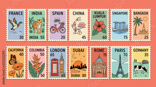 Retro Vintage World Travel Postage Stamp Collection – Country Landmark Flat Design Vector Illustration Set