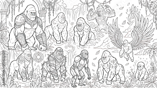 Foto Fantasy gorilla warrior coloring page, mythical primate characters in jungle rui