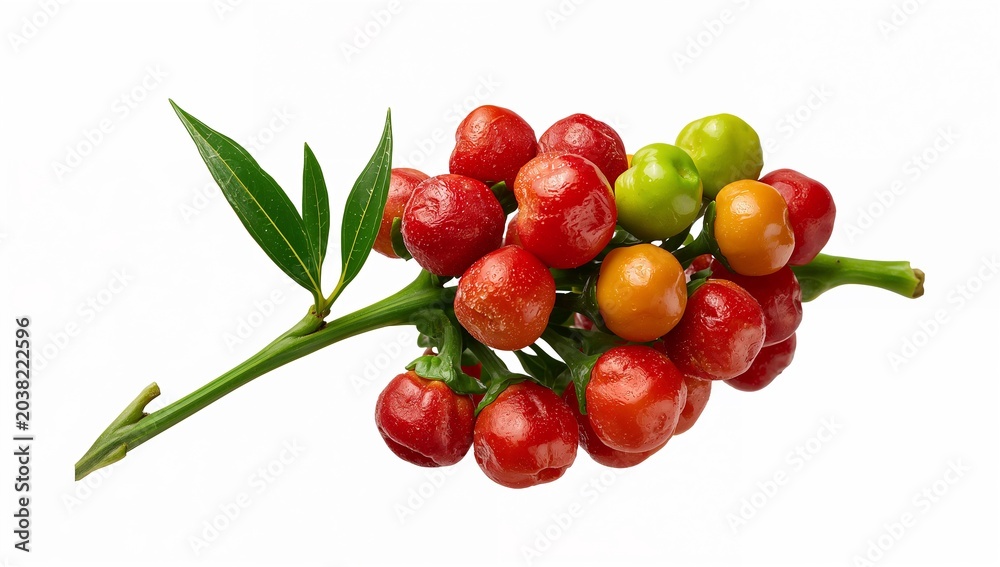 Obraz premium Fresh Cherry Cluster on Branch with Green Leaves and Colorful Fruits