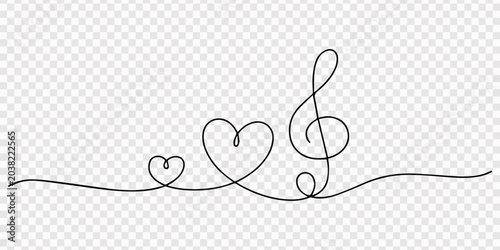 Принти на полотні Continuous one line drawing of treble Clef with Hearts