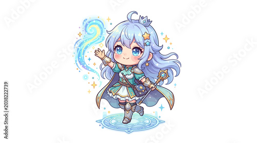 Valokuva Cute Anime Girl Wizard Casting Magic Spell
