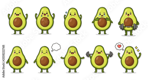 Photos Cute Avocado Characters Expressing Emotions and Fitness