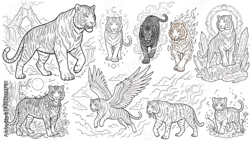 Photography Mythical tiger line art collection, fantasy winged tiger and elemental big cat v