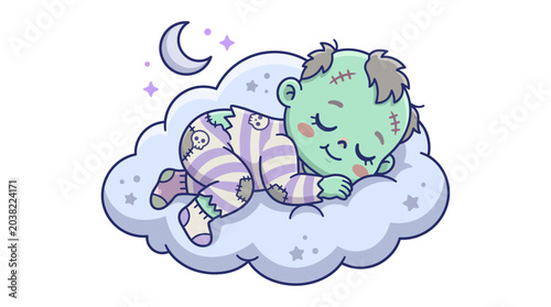Fotografie Cute Baby Zombie Sleeping on Cloud, Halloween Illustration