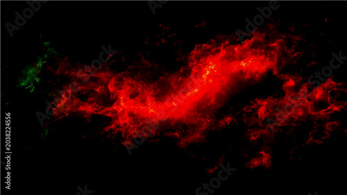 Foto Dramatic swirling nebula with vibrant red and green hues against a stark black b