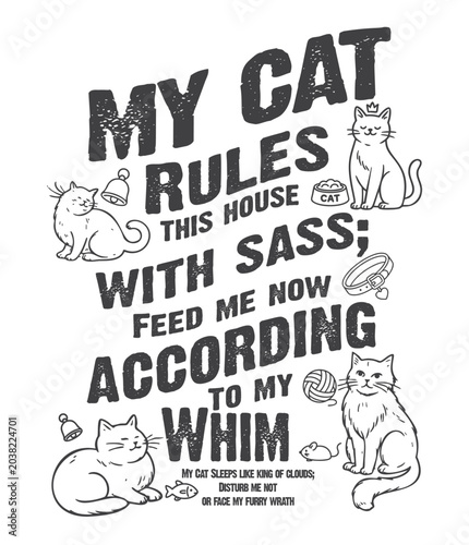 Funny cat quotes typography design with cute hand drawn cat illustrations and elements.
