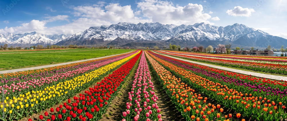 Fototapeta premium Vibrant tulip fields in Kashmir with snow-capped mountains and Dal Lake in background